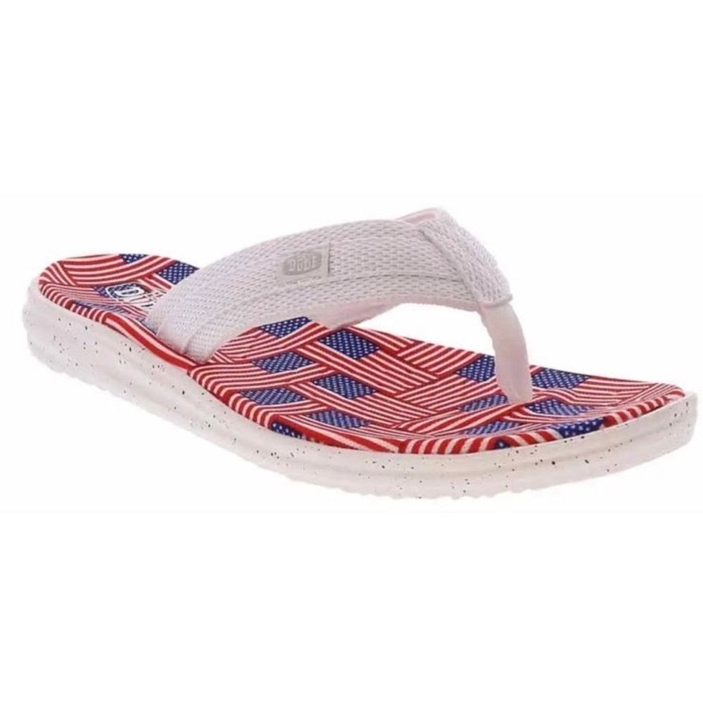 Hey Dude White Strap Red & Blue Pattern Flip-Flops